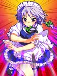  attack bow braid hair_bow highres izayoi_sakuya knife maid maid_headdress purple_eyes short_hair silver_hair solo touhou twin_braids yuuki_keisuke 