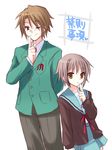  1girl ;) brown_hair cardigan grey_hair harmonia imitating kita_high_school_uniform koizumi_itsuki long_hair long_sleeves nagato_yuki one_eye_closed school_uniform serafuku smile suzumiya_haruhi_no_yuuutsu translated yellow_eyes 