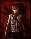  1girl blonde_hair commentary_request gun handgun heather_mason kotaro_(kotaillust) miniskirt photoshop_(medium) short_hair silent_hill_(series) silent_hill_3 skirt sleeveless sleeveless_turtleneck solo turtleneck vest weapon wristband 