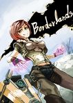  borderlands breasts claptrap copyright_name fingerless_gloves gloves lilith_(borderlands) medium_breasts red_hair robot rokumen_saikoro short_hair siren_(borderlands) tattoo 