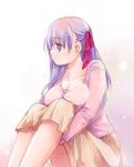  breasts cleavage fate/stay_night fate_(series) large_breasts leg_hug long_hair long_sleeves matou_sakura misaki_kozue profile purple_eyes purple_hair sitting solo 