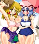  akasode_(tyaramu) alternate_breast_size bikini blonde_hair blue_hair blush breasts cleavage curvy frog hair_ribbon hat large_breasts moriya_suwako multiple_girls musical_note navel older one-piece_swimsuit parasol plump remilia_scarlet ribbon school_swimsuit swimsuit touhou umbrella wings 