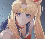  1girl artist_name bishoujo_senshi_sailor_moon blonde_hair blue_eyes blue_sailor_collar blush breasts choker cleavage collarbone commentary crescent crescent_earrings derivative_work diadem drid earrings english_commentary eyebrows_visible_through_hair hair_bun heart heart_choker highres jewelry long_hair red_choker sailor_collar sailor_moon sailor_moon_redraw_challenge sailor_senshi sailor_senshi_uniform screencap_redraw solo symbol_commentary tsukino_usagi twintails upper_body 