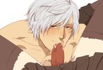  2boys bara blush cum cum_in_mouth dante dante_(devil_may_cry) devil_may_cry erection facial_hair fellatio looking_at_viewer male_focus multiple_boys penis saliva sanako_(tsubakiiro) silver_hair sucking yaoi 