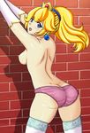  :d against_wall arms_up ass blonde_hair blue_eyes breasts crown detached_sleeves eyebrows_visible_through_hair floating_hair hair_ornament highres long_hair mario_(series) medium_breasts mini_crown nipples open_mouth panties pink_panties ponytail princess_peach seraphina shadow shiny shiny_skin smile solo standing tears thighhighs topless underwear underwear_only white_legwear 