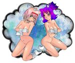  amber_eyes amy_rose blaze_the_cat blush breasts cleavage clothed clothing cool_colors couple covering covering_self elksign female gloves green_eyes hair human humanized kneeling looking_at_viewer mammal navel nipples nude pink_hair ponytail purple_hair sega socks sonic_(series) sonic_team 