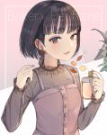  absurdres ancolatte_(onikuanco) black_hair bob_cut brown_eyes commentary_request english eyebrows_visible_through_hair highres long_sleeves looking_at_viewer nail_polish orange_nails original parted_lips perfume_(cosmetics) plant short_hair smile solo upper_body 