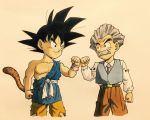  2boys arm_at_side beige_background belt black_eyes black_hair clenched_hand dougi dragon_ball dragon_ball_gt facial_hair fingernails fist_bump frown grey_hair highres kuririn lee_(dragon_garou) long_sleeves looking_at_another male_focus multiple_boys mustache necktie older pants shaded_face shirt short_hair simple_background smile son_gokuu spiked_hair standing tail torn_clothes upper_body vest white_shirt 