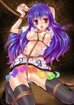  arms_up bdsm black_legwear blush bondage bound breast_squeeze breasts cum cum_on_body cum_on_breasts cum_on_lower_body cum_on_pussy cum_on_upper_body dress hinanawi_tenshi long_hair medium_breasts motatei no_bra no_panties open_mouth purple_hair pussy red_eyes solo thighhighs torn_clothes touhou white_dress 