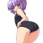  ass bad_id bad_pixiv_id busou_shinki dd_(ijigendd) flat_chest from_behind looking_back one-piece_swimsuit purple_hair red_eyes school_swimsuit short_hair simple_background solo swimsuit thighs zilvern 
