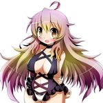  adapted_costume ahoge arms_behind_back blonde_hair blush breasts brown_hair choker cleavage givuchoko gradient_hair highres hijiri_byakuren large_breasts long_hair multicolored_hair open_mouth purple_hair revealing_clothes simple_background solo swimsuit touhou yellow_eyes 