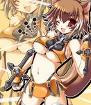  ;d animal_ears blazblue breasts brown_hair dual_wielding gloves holding large_breasts makoto_nanaya midriff multicolored_hair navel one_eye_closed open_mouth orange_skirt red_eyes revealing_clothes short_hair skirt smile solo squirrel_ears squirrel_tail tail thighhighs tonfa two-tone_hair underboob weapon white_hair yoroi_nau zoom_layer 