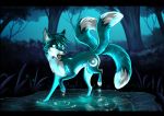  2018 3_tails ambiguous_gender blue_fur blue_theme canine crescent_(shape) crescent_moon dark_theme detailed_background dipstick_tail feral forest fox fur glowing glowing_markings green_fur mammal markings moon multi_tail multicolored_tail night open_mouth partially_submerged quadruped reflection rukifox solo teal_eyes teal_nose tongue tree water white_fur 