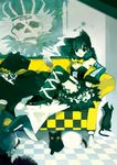  animal animal_ears bad_id bad_pixiv_id black_eyes black_hair black_panther bow cat checkered checkered_floor couch detached_sleeves highres larhen original panther short_hair solo 