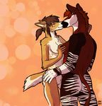  anthro blush bokeh breasts brown_hair canine cbh couple duo female fondling hair hand_on_hip kissing lesbian mammal nipples nude okapi pussy stripes 