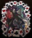 alice:_madness_returns alice_(wonderland) alice_in_wonderland boots brown_hair card card_background castle floating_card green_eyes heart heart_card long_hair mizukai solo weapon 
