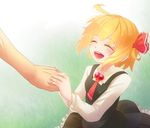  ahoge arm blonde_hair closed_eyes fangs hands open_mouth rumia sakuyabm smile solo touhou upper_body 