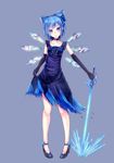  alternate_costume bad_id bad_pixiv_id blue_eyes blue_hair bow choker cirno collarbone crystal_sword dabadhi dress elbow_gloves frills full_body gloves hair_bow hair_ribbon high_heels highres ice ice_wings lace large_bow legs pigeon-toed ribbon shoes short_hair simple_background skirt_hold smile solo standing sword torn_clothes torn_dress touhou weapon wings 