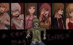  4girls accelerator brown_eyes brown_hair clenched_teeth crazy_smile earphones formal glaring green_eyes green_hair hamazura_shiage hand_over_eye hood hoodie kakine_teitoku kinuhata_saiai measure_heart mugino_shizuri multiple_boys multiple_girls open_mouth pullover red_hair shirt smile striped striped_shirt suit takitsubo_rikou teeth to_aru_majutsu_no_index tongue yoriko_(shiyo) 