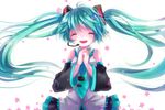  aqua_hair bad_id bad_pixiv_id closed_eyes detached_sleeves efu hands_clasped hatsune_miku headset long_hair necktie own_hands_together simple_background solo twintails very_long_hair vocaloid 