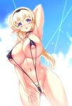  areola_slip areolae arm_up blonde_hair breasts covered_nipples highres ishida_hiroyuki large_breasts long_hair o-ring o-ring_top original pointy_ears pose purple_eyes slingshot_swimsuit solo swimsuit 