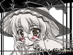  adjusting_eyewear bespectacled blush bow bowtie character_name glasses hat kakei_hidetaka kirisame_marisa long_hair monochrome sketch solo spot_color touhou wallpaper witch_hat yellow_eyes 