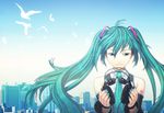  aqua_eyes aqua_hair audio-technica bird cityscape day detached_sleeves hatsune_miku headphones highres itou_(onsoku_tassha) long_hair nail_polish necktie sky smile solo twintails vocaloid 