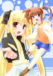  blonde_hair blue_eyes brown_hair casual fate_testarossa long_hair lyrical_nanoha mahou_shoujo_lyrical_nanoha multiple_girls orange_shirt red_eyes shirt sumeragi_kou takamachi_nanoha thighhighs twintails 