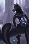  back backlit bioluminescence branch butt canine doffa female fireflies forest glowing long_tail looking_back markings moonlight nix nude sitting solo tail tree wood 