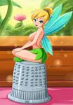  blue_eyes blush breasts disney edit fairy female hair lips minigirl nipples not_furry nude sigurd_von_hosenfeld sitting smile solo thimble tinkerbell topless wings 