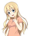  blonde_hair blouse blue_eyes casual head_tilt k-on! kotobuki_tsumugi long_hair mohya open_mouth round_teeth simple_background smile solo teeth upper_body white_background 