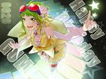  flower goggles goggles_on_head green_eyes green_hair gumi hair_flower hair_ornament happy_birthday headphones highres keishi open_mouth short_hair smile solo vocaloid wrist_cuffs 