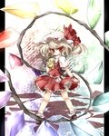  ascot blonde_hair bobby_socks bow child flandre_scarlet frills from_behind gem hat hat_bow highres long_hair looking_back red_eyes short_sleeves side_ponytail socks solo standing takatoiyori touhou white_legwear wings wrist_cuffs 
