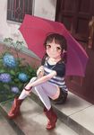  boots brown_eyes brown_hair casual esukee flower hydrangea original red_footwear rubber_boots shorts sitting sitting_on_stairs smile solo stairs striped thighhighs twintails umbrella white_legwear 