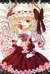  apple ascot bad_id bad_pixiv_id blonde_hair blush bow dress fang flandre_scarlet flower food frills fruit hat holding holding_food holding_fruit jaku_sono one_eye_closed open_mouth red_eyes rose short_hair side_ponytail smile solo touhou wings wrist_cuffs 