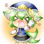  &gt;_&lt; :3 anger_vein animal_ears arm_up bad_id bad_pixiv_id blush chibi closed_eyes dog_ears dog_tail expressive_clothes fang green_hair hat kemonomimi_mode open_mouth rebecca_(keinelove) rod_of_remorse shiki_eiki shirt short_hair skirt solo tail tail_wagging touhou wavy_mouth 