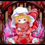  alternate_wings apple bad_id bad_pixiv_id bed biting blonde_hair chibi doll doll_hug flandre_scarlet food fruit hat head_biting highres pajamas patch red_eyes shunsuke side_ponytail sitting solo stuffed_animal stuffed_toy teddy_bear touhou translation_request wings 