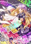  absurdres bad_id bad_pixiv_id bishamonten's_spear blonde_hair dabadhi flower hair_flower hair_ornament highres hijiri_byakuren long_hair multiple_girls polearm scroll short_hair sorcerer's_sutra_scroll spear toramaru_shou touhou weapon yellow_eyes 