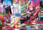  drink fuji_choko headphones pink_eyes pink_hair skirt 