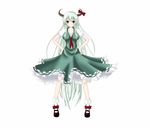  blush bow breasts cleavage dress ex-keine frown gmot green_eyes green_hair hands_on_hips highres horn_ribbon horns kamishirasawa_keine large_breasts long_hair red_eyes ribbon solo touhou very_long_hair 