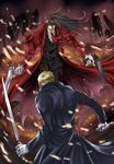  alexander_anderson alucard_(hellsing) battle bayonet black_hair blonde_hair dual_wielding duel fire from_behind gun handgun hellsing highres holding impaled long_coat long_hair male_focus multiple_boys raite red_eyes silhouette weapon 