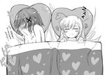  :3 =_= after_sex ahoge bad_id bad_pixiv_id blush blush_stickers breasts covering_face error greyscale heart heart_ahoge heart_pillow heart_print kawakami_shuuichi lyrical_nanoha mahou_shoujo_lyrical_nanoha_strikers medium_breasts monochrome multiple_girls nude on_bed pillow ruined_for_marriage shared_blanket smile tears translated under_covers vivio yagami_hayate yuri zzz 