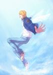  bad_id bad_pixiv_id blonde_hair blue_jacket bomber_jacket changye closed_eyes denim flying jacket jeans keith_goodman male_focus outstretched_arms pants sky solo tiger_&amp;_bunny wings 