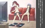  alternate_costume bad_id bad_pixiv_id barefoot blue_hair casual dance_dance_revolution dance_pad food hair_dryer long_hair mahou_shoujo_madoka_magica miki_sayaka mouth_hold multiple_girls pocky red_eyes red_hair sakura_kyouko school_uniform short_hair sitting socks tottema translation_request white_legwear 