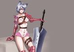  ahoge animal_ears armor bandages belt bow breasts cleavage collarbone colored_eyelashes fantasy_earth_zero frills gauntlets grey_hair highres huge_weapon large_breasts pink_eyes short_hair solo sword thigh_strap weapon yuuten 