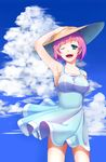  absurdres aqua_eyes armpits bad_id bad_pixiv_id bob_cut breasts cloud collarbone day dress hand_on_headwear hat highres large_breasts momore_(peaches) one_eye_closed open_mouth original pink_hair short_hair sky smile solo straw_hat sundress wind 