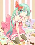  aqua_eyes aqua_hair bare_shoulders cake dress food garters hair_ribbon hatsune_miku kneeling long_hair mitsugushi_yuu pantyhose ribbon solo symbol-shaped_pupils vocaloid 