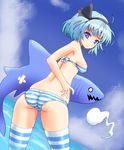  ass back bad_id bad_pixiv_id bad_proportions bikini blue_eyes blue_hair breasts dutch_angle from_behind ghost hairband hitodama konpaku_youmu konpaku_youmu_(ghost) looking_back medium_breasts ocean shark short_hair skindentation solo striped striped_bikini striped_legwear striped_swimsuit sumapan swimsuit thighhighs touhou water 