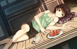  banned_artist bare_shoulders barefoot breasts brown_eyes brown_hair camisole cleavage collarbone dutch_angle face food fruit hands kayari_buta looking_at_viewer lying medium_breasts off_shoulder on_side original paseri pillow plate skirt solo strap_slip veranda watermelon 