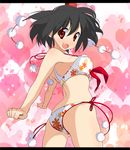  armpits bad_id bad_pixiv_id bikini black_hair colorized face fruits_punch hands hat letterboxed looking_at_viewer looking_back mahan open_mouth red_eyes shameimaru_aya short_hair side-tie_bikini smile solo swimsuit tokin_hat touhou 
